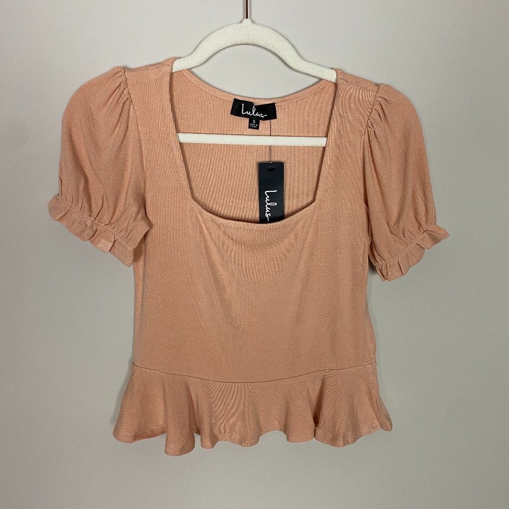 Lulus Square Neck Peplum Hem Ribbed Cropped T Shirt Ruffle Womens Small S